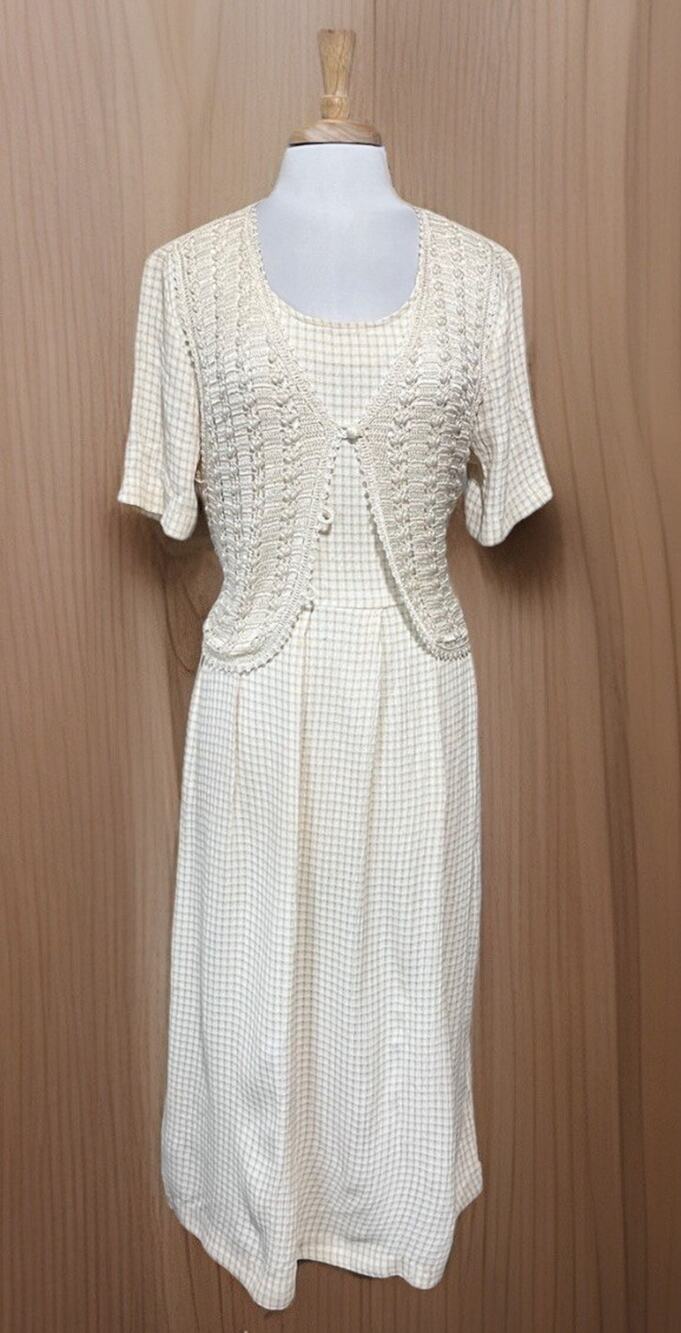 Vintage Impulsive 90s Crochet Tie Back Midi Dress Cottagecore Yellow Plaid sz 8
